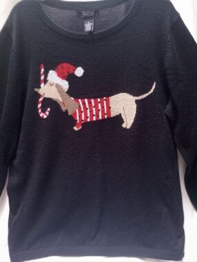 Black Holiday Dachshund Sweater with Candy Cane By Crystal Kobe